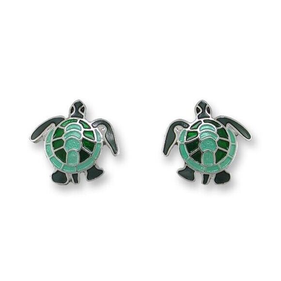Zarah Jewelry - Zarah Green Sea Turtle Stud Earrings Sterling Silver Plated Cloisonne Enamel